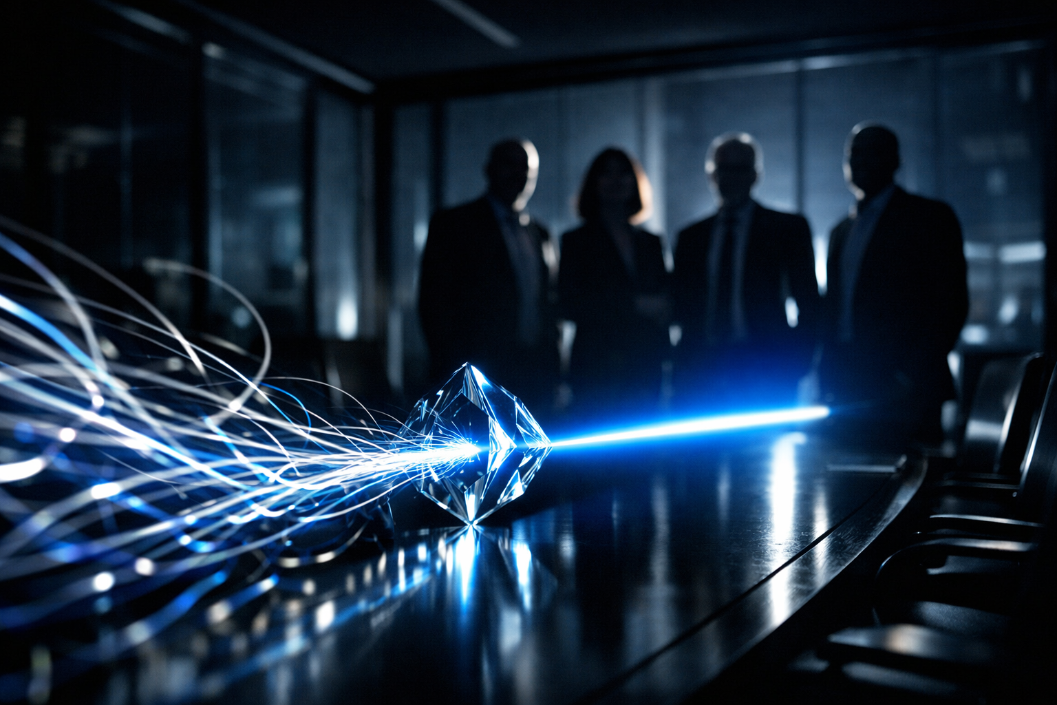 Photorealistic, cinematic corporate photography with an abstract data metaphor: In a dark, modern glass-walled boardroom, a small, diverse group of se